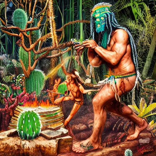 Image similar to single spartan in amazonian jungle surrounded by cactus with a shaman offering peyote with a camp fire on a full moon with stars