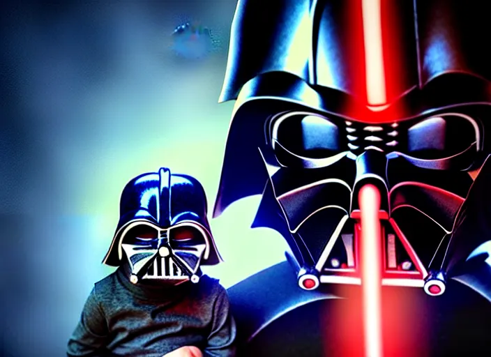 Prompt: hyperrealistic mixed media portrait of darth vader with lightsaber drawn facing off against a cute baby, stunning 3d render inspired art by P. Craig Russell and Barry Windsor-Smith + perfect facial symmetry + dim volumetric lighting, 8k octane beautifully detailed render, post-processing, extremely hyperdetailed, intricate futuristic mechanic parts, epic composition, grim yet sparkling atmosphere, cinematic lighting + masterpiece, trending on artstation