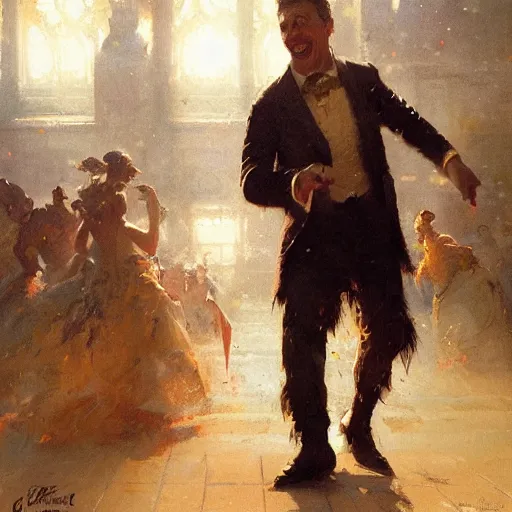 Image similar to an elated chancellor, dancing a jig, character portrait by greg rutkowski, gaston bussiere, craig mullins