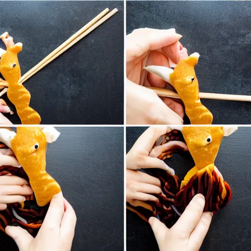 Prompt: making of an edible giraffe from noodles and soy sauce step by step, each step is a progression from the last, dslr