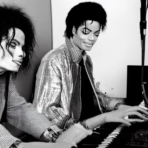 Prompt: Michael Jackson with 62 years old recording in a hidden music studio, taken in 2021