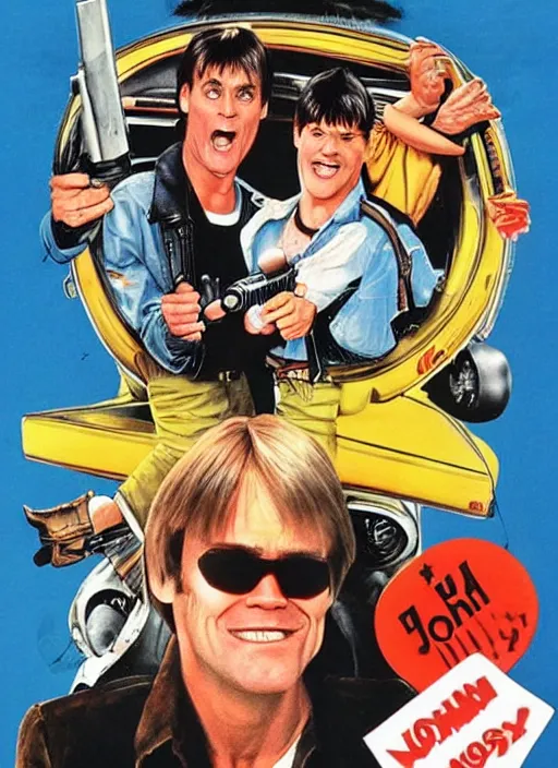 Image similar to an 8 0's john alvin action movie poster of jim carrey starring in dumb and dumber.