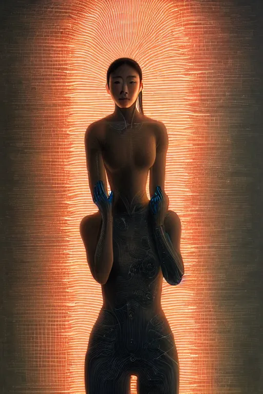 Prompt: portrait futuristic of hoyeon jung as airforce girl, inside future fighter, sci - fi, fantasy, intricate, very very beautiful, elegant, human anatomy, neon strip light, highly detailed, concept art, smooth, sharp focus, illustration, art by dino valls and nicola samori and james jean
