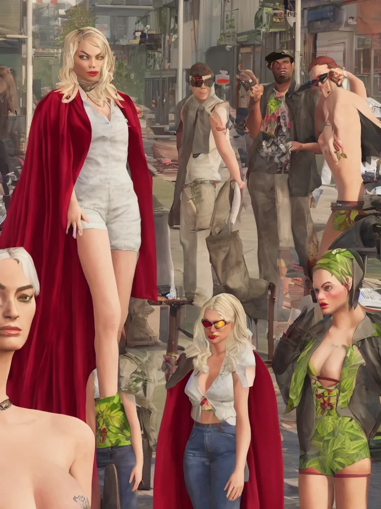 Prompt: Medium shot of a typical character in the styl margot robbie a red velvet cape and OG Kush Sativa flower calyx trichome crown edward julius as a character in gta v, amazing detail