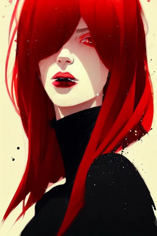 Prompt: a ultradetailed beautiful portrait panting of a stylish woman with red bangs, she is wearing a black dress, by conrad roset, greg rutkowski and makoto shinkai, trending on artstation