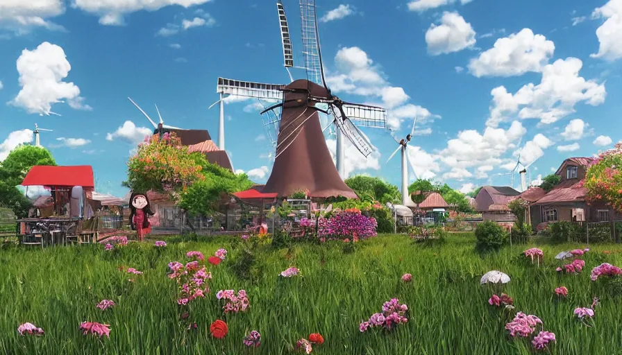 Prompt: ghibli style of a cute milk tea pub in the middle of grass ， colorful flowers ， big windmills ， sky and clouds ， unreal engine, hyper realism, realistic shading, cinematic composition, realistic render, octane render, detailed textures, photorealistic, wide shot