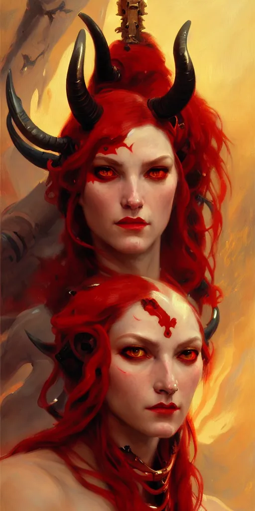 Image similar to painted close - up portrait of a attractive red - skinned intimidating demon cyborg girl with ram horns! oil painting, wearing a noblewoman's outfit, fantasy art by john singer sargent and gaston bussiere and james jean and greg rutkowski, demon noble character design, hd