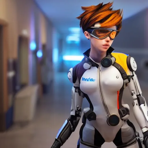 Prompt: stunning award winning hyperrealistic hdr 8 k highly detailed photo of tracer as a real human