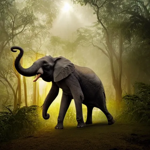 Image similar to an elephant with octopus tentacles as a trunk, standing in a jungle with ominous light from above, ambient light, fog, river