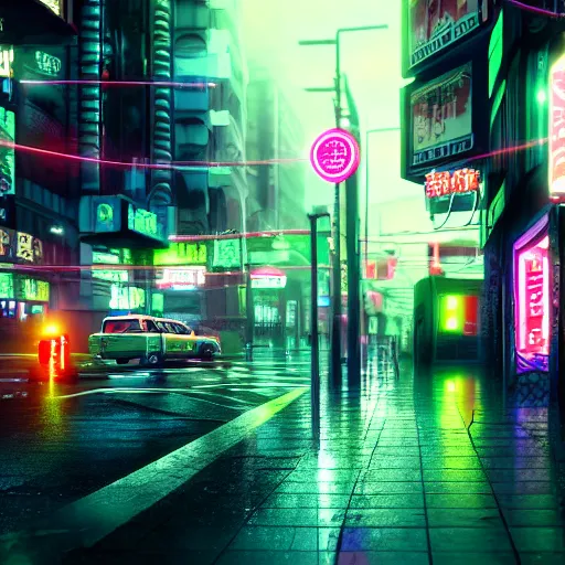 Prompt: photorealistic quality 4k render of a cyberpunk asian city in the rain, neon, ambient