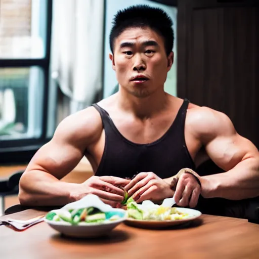 Prompt: a buff shirtless Asian man sits at a table with food and he stares intensely at the camera