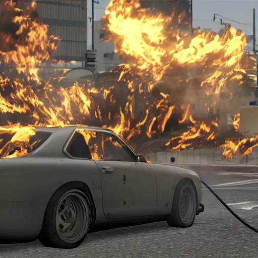 Image similar to burning computer in gta, 8k, realistic