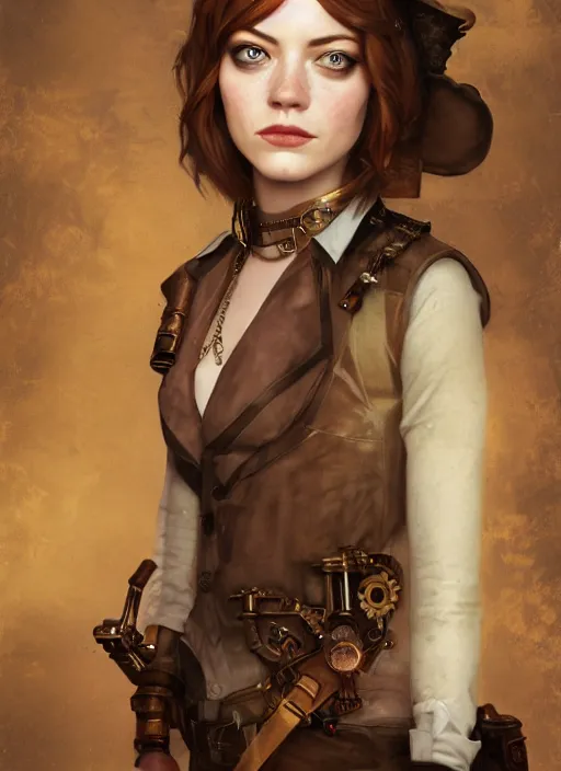 Image similar to steampunk portrait of emma stone as emma watson, hyper detailed, digital art, cinematic lighting, studio quality, smooth render, unreal engine 5, octane rendered, art style by klimt and nixeu and ian sprigger and wlop and krenz cushart.