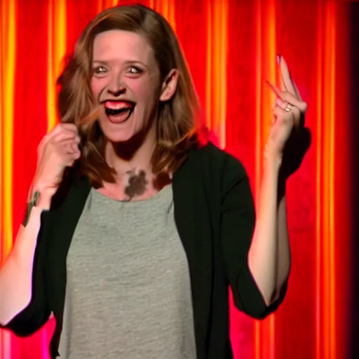 Prompt: film still of netflix comedy special. 3 8 - year - old, short height, good - looking, standup comedian, skateboarder style, pale complexion, female, irish and italian and jewish descent, fit, on stage, laughing, telling jokes