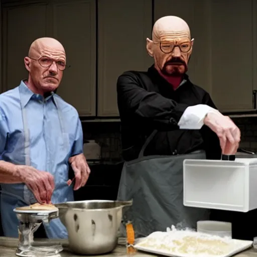 Image similar to walter white and donald trump cooking some meth.