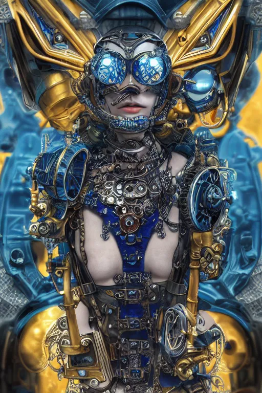 Image similar to Portrait of a steampunk sci-fi cyborg ninja, third person, D&D, sci-fi fantasy, intricate, blue and gold, highly detailed , art by Range Murata, highly detailed, 3d, octane render, bright colors, digital painting, trending on artstation, sharp focus, illustration style of Stanley Artgerm,