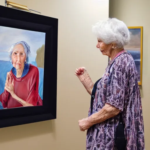 Prompt: old woman staring at a painting of herself as a young woman