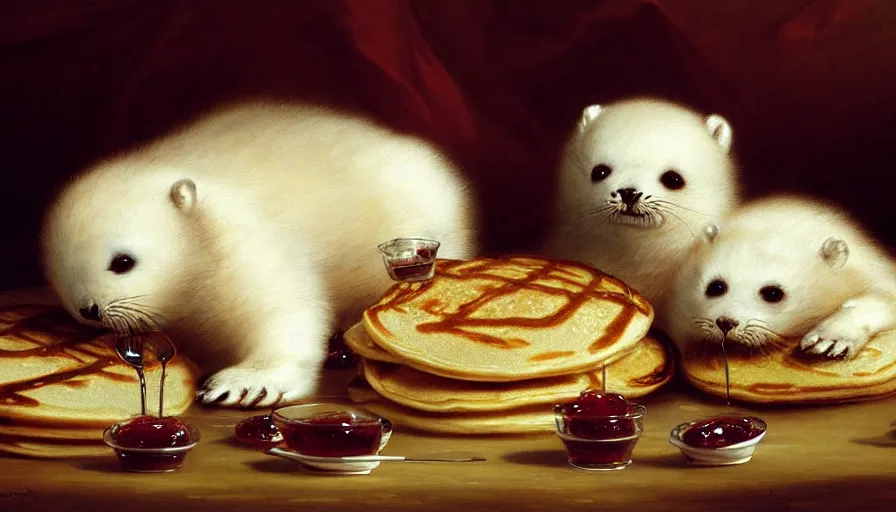 Image similar to highly detailed painting of cute furry white baby seals in a pile of jam pancakes on a table by william turner, by greg rutkowski, by william constable, thick brush strokes and visible paint layers, 4 k resolution