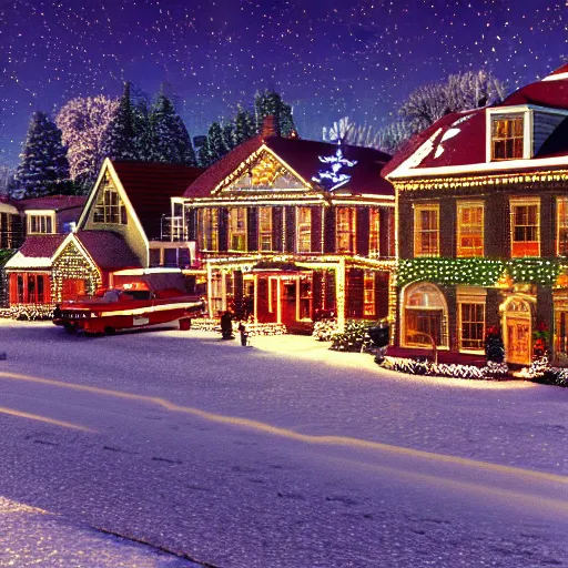 Prompt: christmas in a new england town physically based render, night backlit, 1 9 6 0 s
