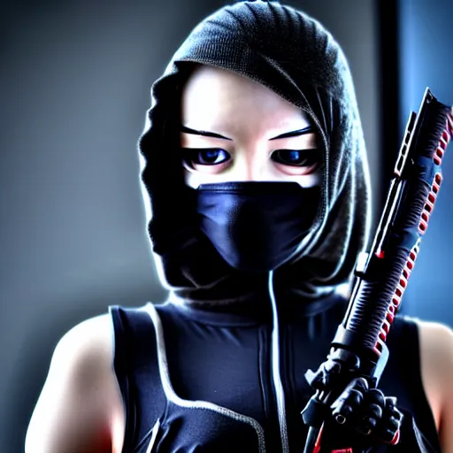 Image similar to photo of a real-life beautiful cyberpunk female ninja