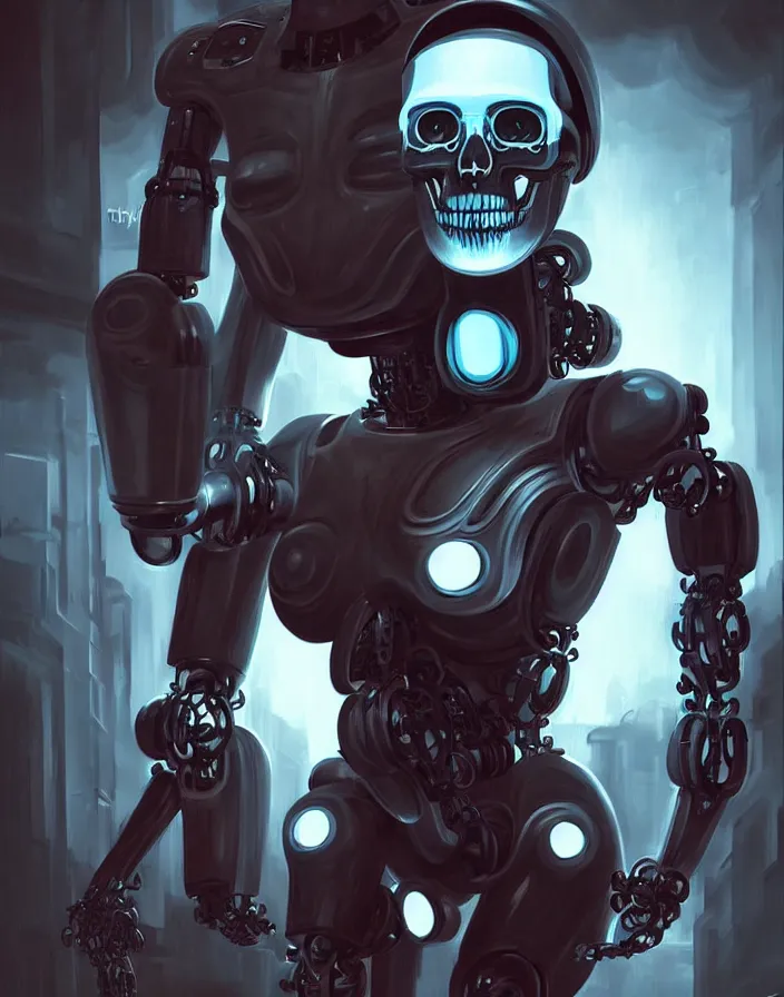 Image similar to skull - headed robot cyborg painting, illutstration, concept art, cyberpunk, futurism, comics art, artgerm, full body shot, wide angle