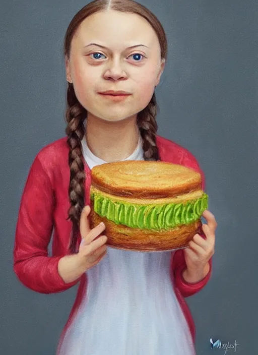 Image similar to greta thunberg eating cakes painted by nicoletta ceccoli, detailed digital art, trending on Artstation