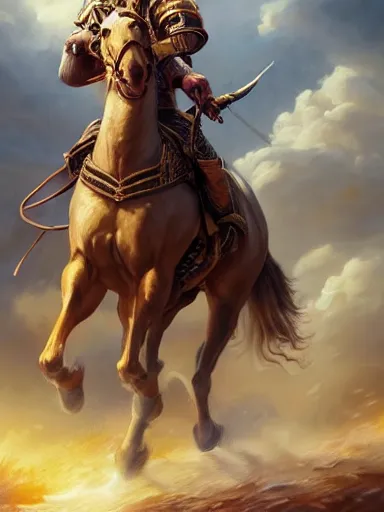 Prompt: a handsome man, happy and disarmed, laurels of glory, returns to home triunphantly mounted in a horse. full of pride. victorirous. prideful.. intricate, elegant, highly detailed, digital painting, artstation, concept art, sharp focus, illustration, by justin gerard and artgerm, 8 k