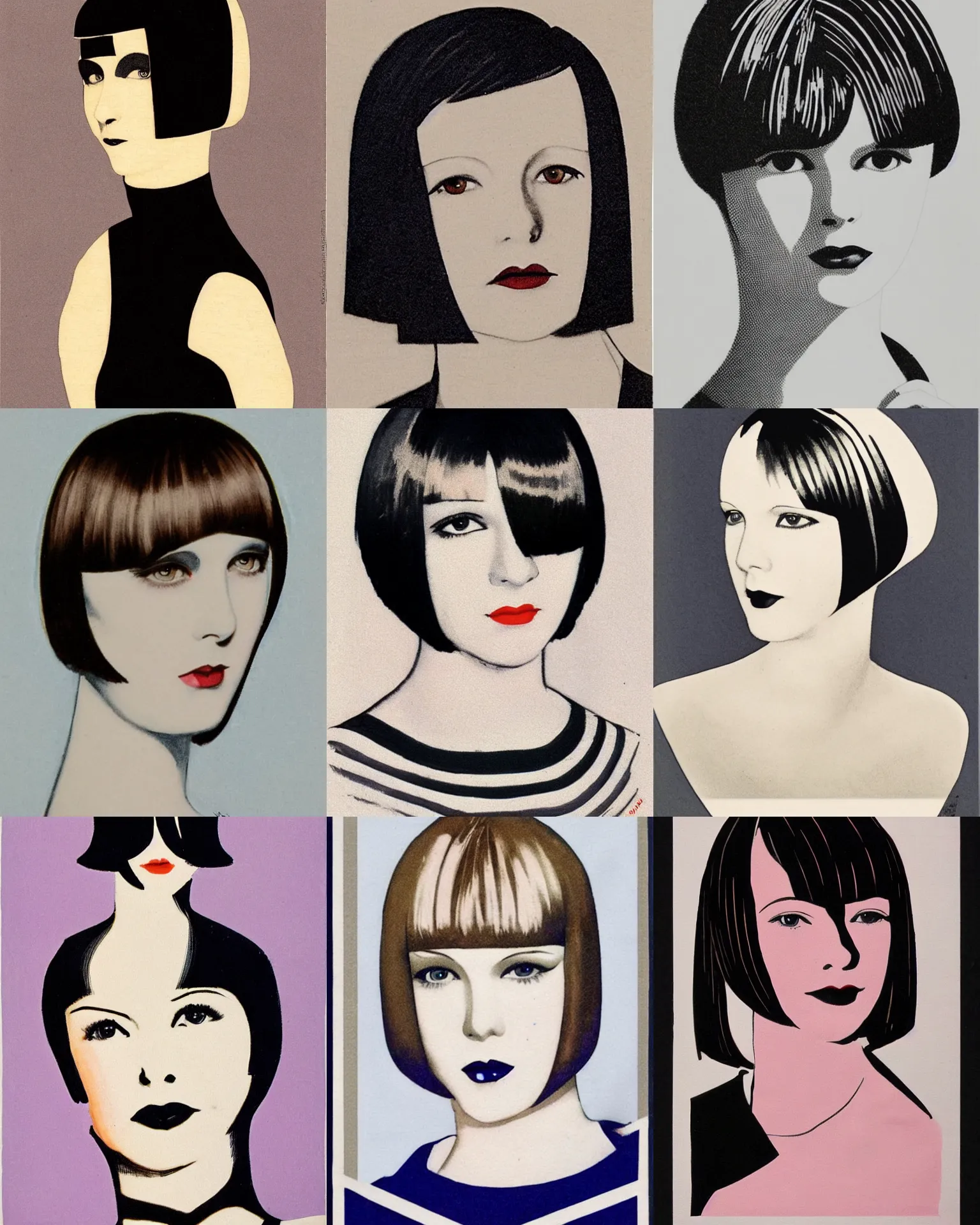 Prompt: mary louise brooks 2 0 years old, bob haircut, pantone marker sketch portrait, 1 9 2 0 s, straight lines, art deco stripe pattern, right angles