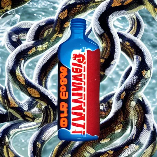 Image similar to Gatorade, snakes swimming inside a sports drink, tiny snakes slithering, dont drink this