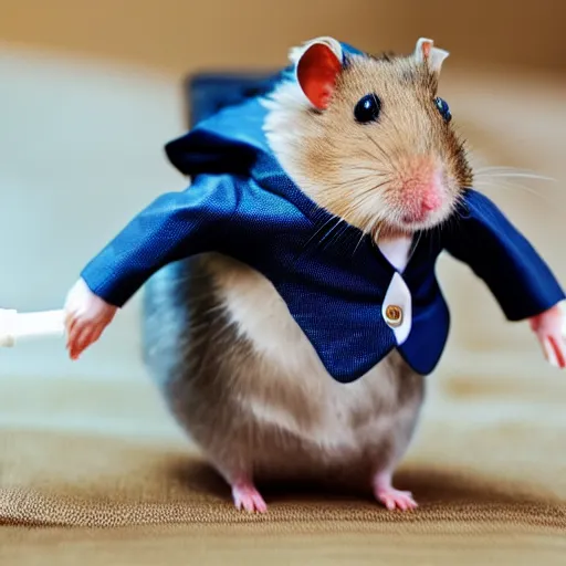 Prompt: hamster wearing a business suit