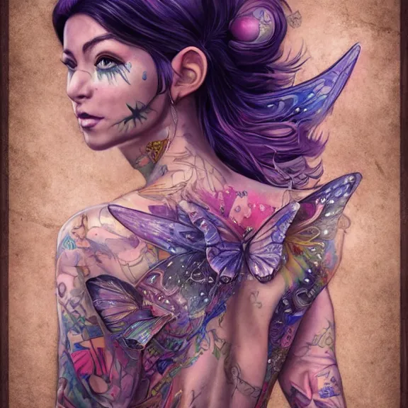 Prompt: portrait of a pretty Fairy with nice cheekbones floating over a lake, runes tattos on her cleavage, vibrant big opened butterfly wings on her back and, body covered by a map tattoed, D&D, fantasy, highly detailed, digital art, trending on artstation, smooth, sharp focus, illustration, art by Peter Tang and artgem