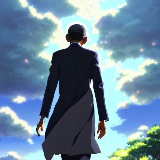 Image similar to beautiful makoto shinkai anime style digital painting portrait of barack obama at the white house walking away from michelle obama, heartbroken, 4 k, 8 k, hd, high resolution, highly detailed, intricate detail, ultra realistic faces, digital art, trending on artstation, your name, weathering with you