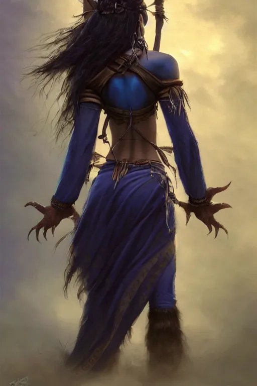 Image similar to Beautiful Young Female Shaman, shamanistic dark blue clothes, covered!, metal garments, dark brown skin, green supernatural eyes, back view, full body, extremely detailed!, high fantasy, matte painting, warcraft, by Rossdraws, James Jean, gerald brom, Andrey Ryabovichev, Mark Simonetti and Peter Morbacher, trending in artstation, artstationHD, artstationHQ, cgsociety, octane, 16K HD