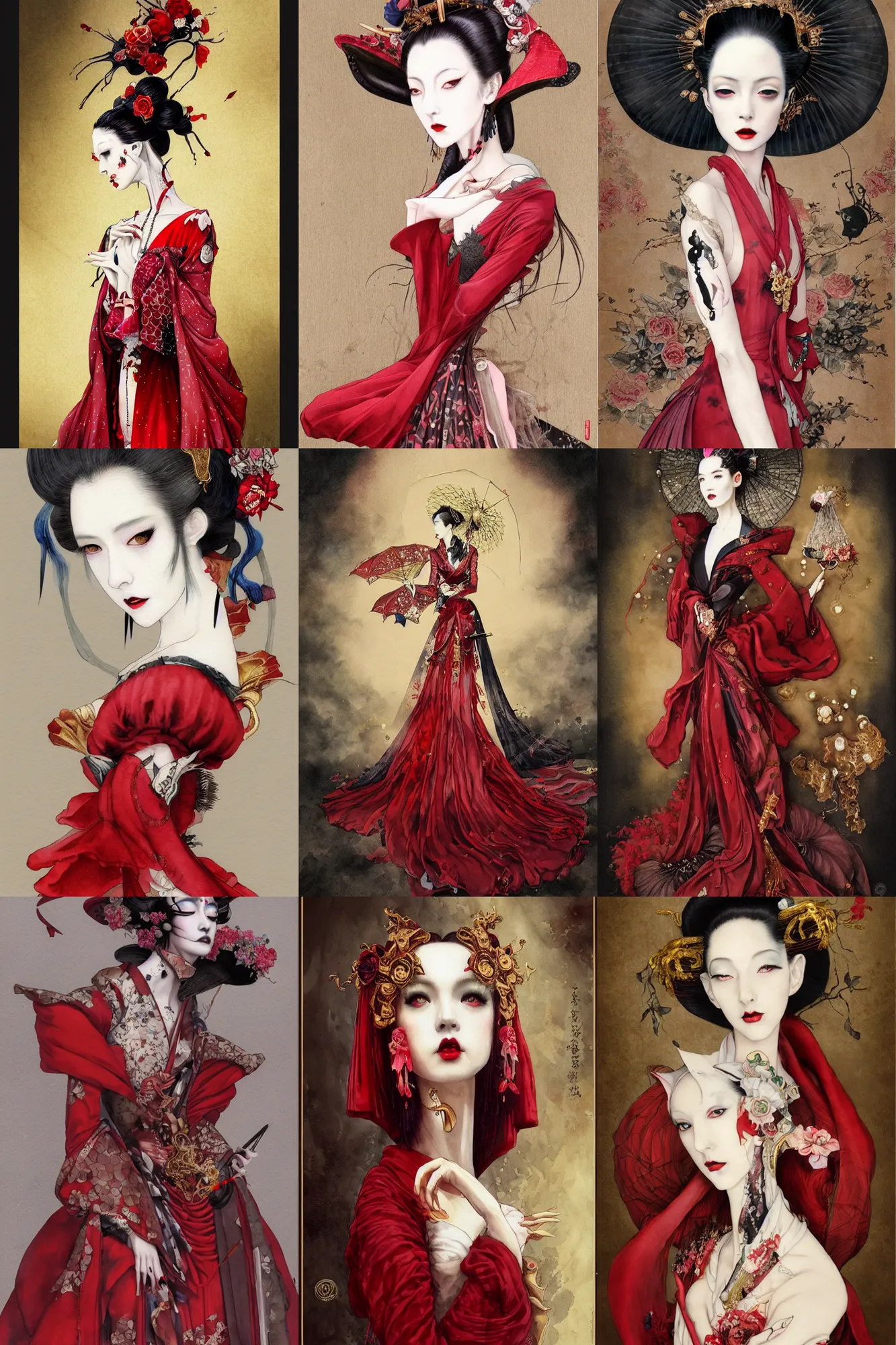 Prompt: watercolor painting avant - garde vogue fashion portrait of a geisha vampire queen with a long neck in a victorian lolitafashion red dress painted by yoshitaka amano, tom bagshaw, ayami kojima, intricate detail, artstation, artgerm, in the style of japanese bjd, dark - fantasy rococo, gold leaf art