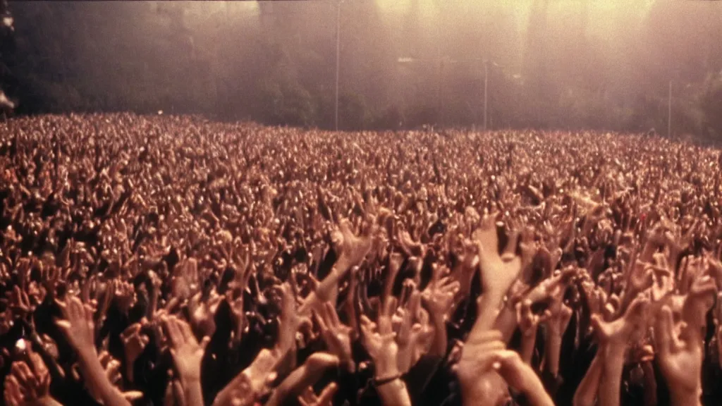 Image similar to movie still of a crowd waving hands saying good morning, cinematic composition, cinematic light, by ridley scott