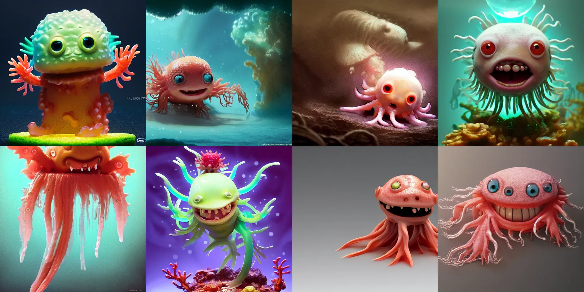 Prompt: cute! baby jelly fish axolotl, corals, pirates of the caribbean (2006), davy jones, wires, SSS, wrinkles, grin, rimlight, dancing, fighting, bioluminescent screaming pictoplasma characterdesign toydesign toy monster creature, artstation, cg society, by greg rutkowski, by William-Adolphe Bouguereau, by zdzisław beksiński, by Peter mohrbacher, by nate hallinan, 8k