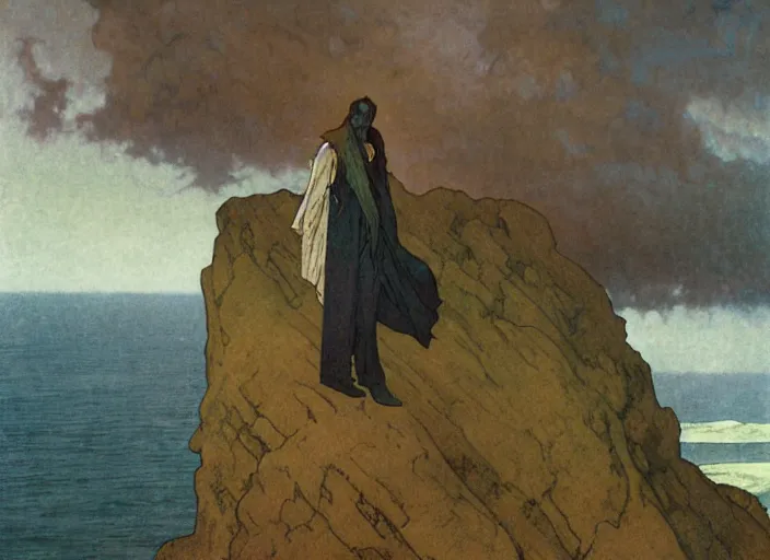 Image similar to dark silhuette of a man standing on a gray dull cliff looking out into a colorful cosmos, art by john collier and albert aublet and krenz cushart and artem demura and alphonse mucha