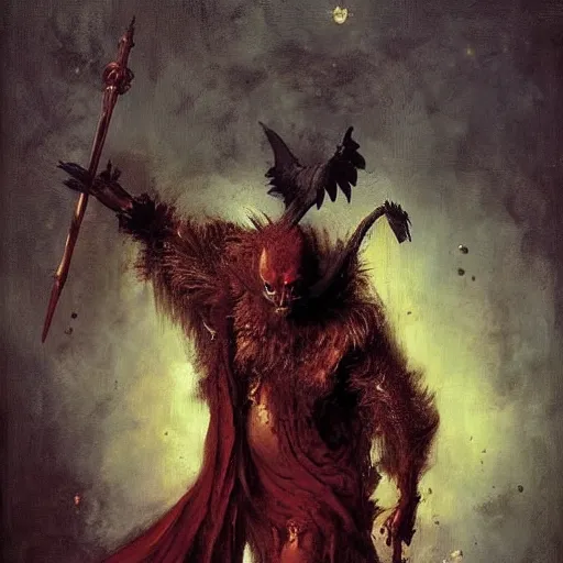 Prompt: puissant physique demonic crow wearing a devil costume Jan Van eyck leonardo da vinci ilya repin christophe young bastien lecouffe-deharme odd nerdrum dragan bibin john steuart curry