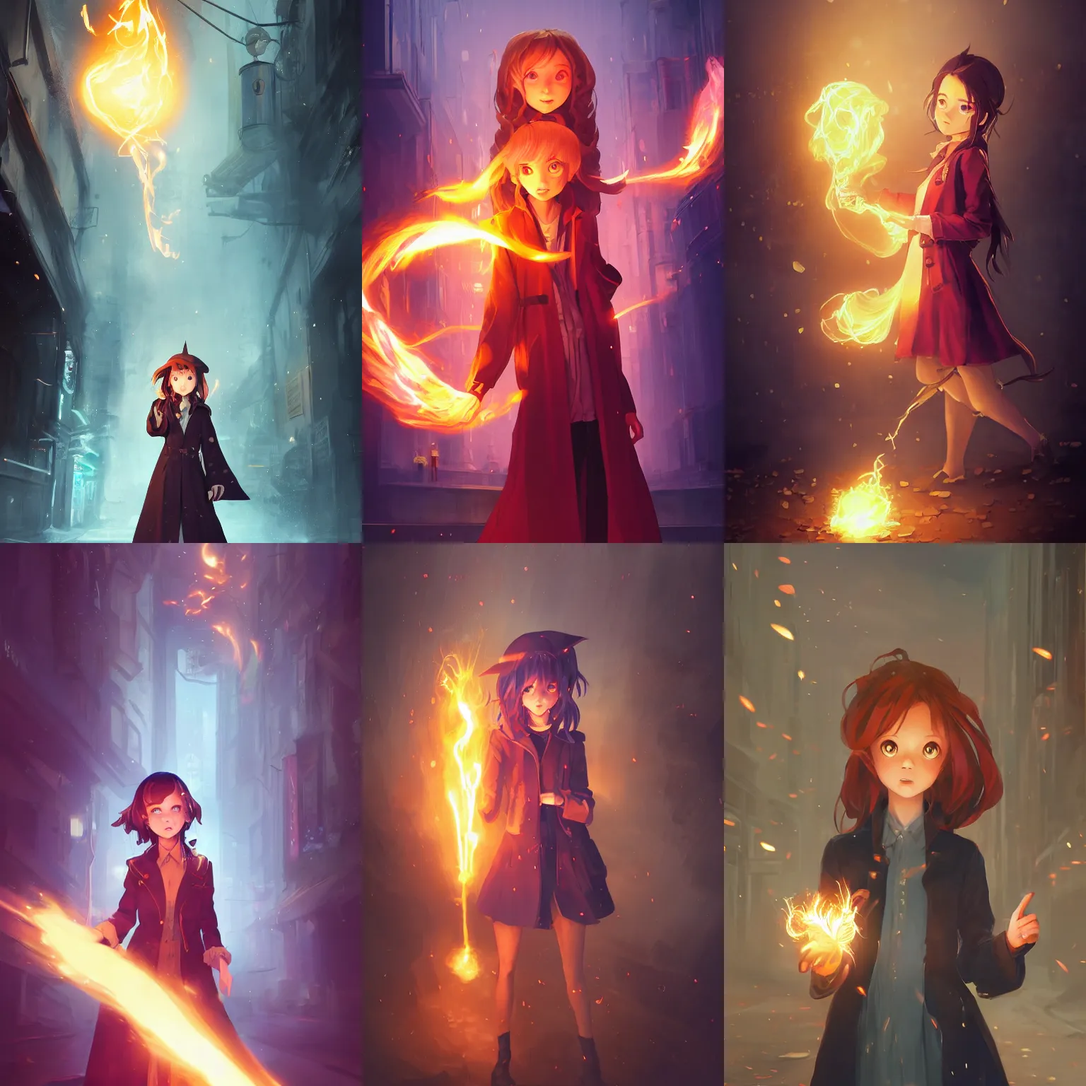 Prompt: a portrait of a cute young female wizard wearing a flowing very stylish trenchcoat, holding a glowing fireball in her hand, fireball lighting her face from below, urban fantasy setting, vivid colors, warm lighting, atmospheric, cinematic, moody, in the style of Ilya Kuvshinov and Range Murata, Krenz Cushart, rule of thirds, oil on canvas, 8k