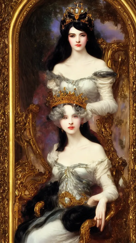 Image similar to a beautiful black haired woman with pale skin and a crown on her head sitted on an intricate metal throne by franz xaver winterhalter and delphin enjolras and rebecca guay