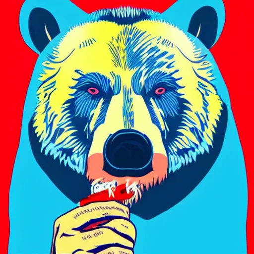 Prompt: pop art headshot of a grizzly bear smoking a joint.