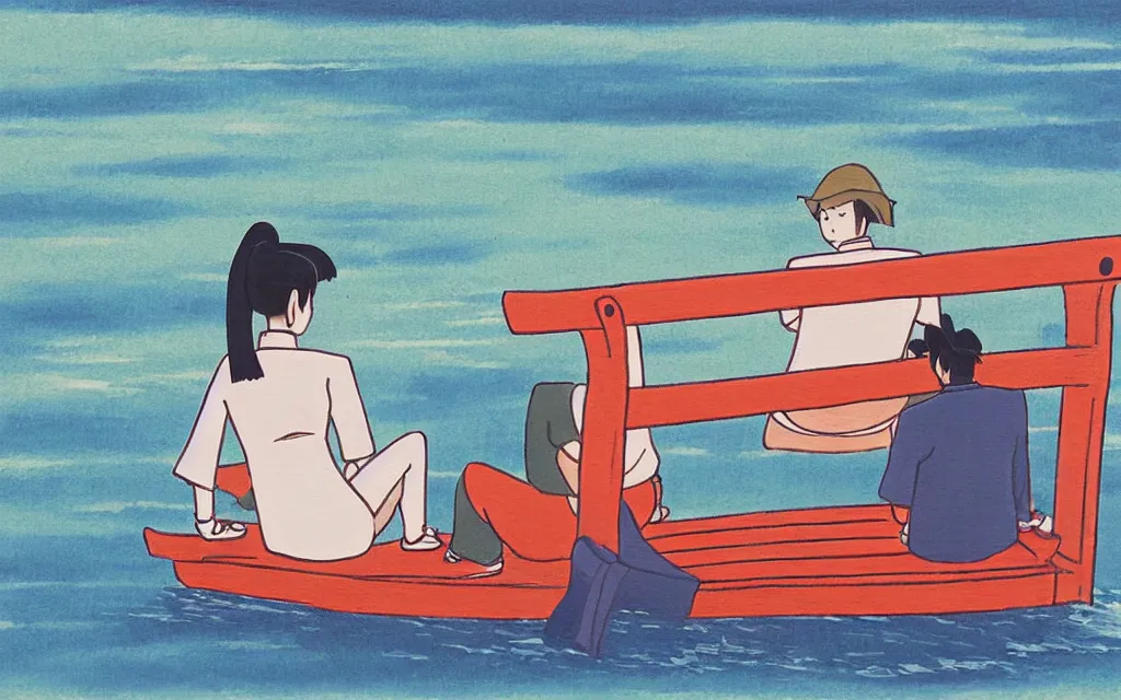 Image similar to a woman sitting on a bench with a man on a boat painting in yamato - e style