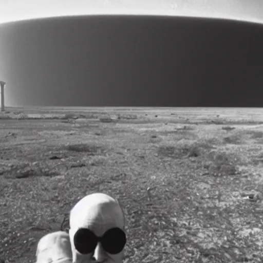 Prompt: last human selfie,horror , nuclear explosion in background