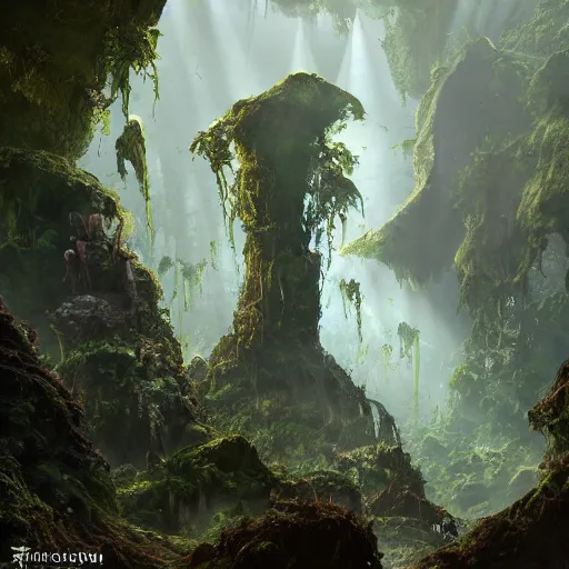 Prompt: photo an overgrown deep underground cave on another world embellished with a lush overgrown jungle of beautiful ancient alien trees, alien elvish cave village, scattered complex ancient monoliths emitting cosmic astral energy, nebula fog and cosmic mist, 4 k rtx hdr volume light concept studio matte painting environment octane, ue 5, photorealistic render trending on artstation by eytan zana