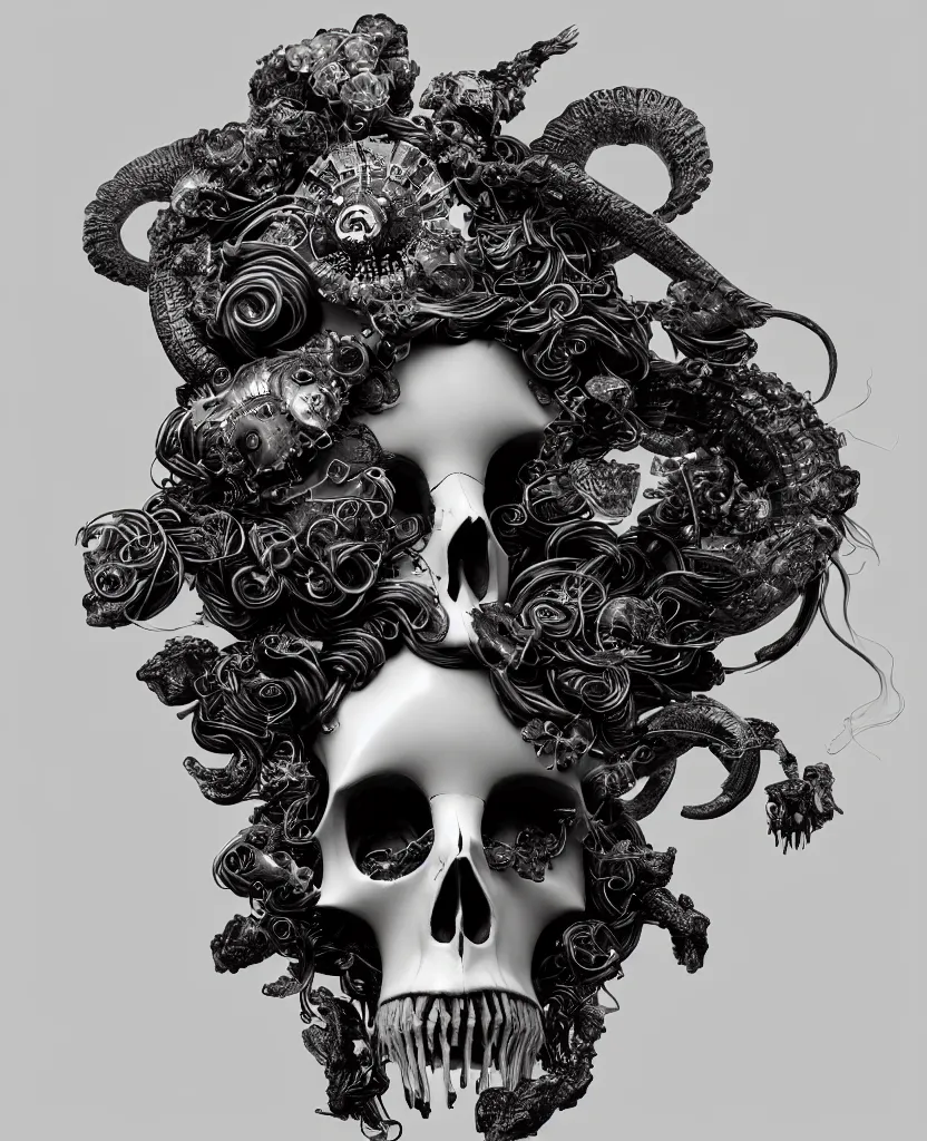 Image similar to goddess princess face close-up portrait ram skull. sculpture made of black and dichroic. jellyfish phoenix head, nautilus, orchid, skull, betta fish, bioluminiscent creatures, intricate artwork by Tooth Wu and wlop and beeple. octane render, trending on artstation, greg rutkowski very coherent symmetrical artwork. cinematic, hyper realism, high detail, octane render, 8k