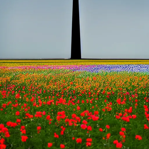 Prompt: very intrincated and ominous tall black column stands in the middle of an infinite plain covered with colorful flowers