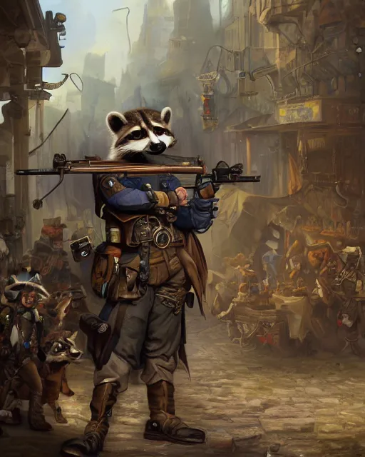 Image similar to oil painting of anthropomorphized raccoon legion holding rifles, steampunk clothes, steampunk city background, sharp focus, fantasy style, octane render, volumetric lighting, 8k high definition, by greg rutkowski, highly detailed, trending on art Station, dungeons and dragons artwork, centered