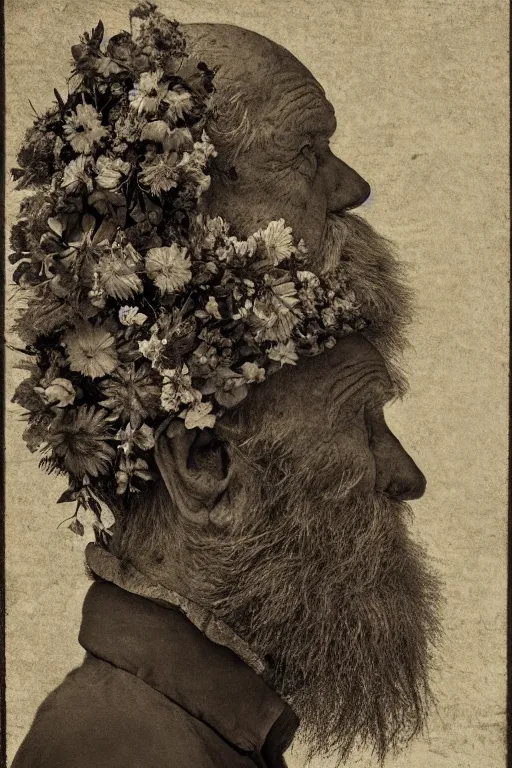 Image similar to an old man's face in profile, long beard, made of flowers and fruit, in the style of the Dutch masters and Gregory crewdson, dark and moody