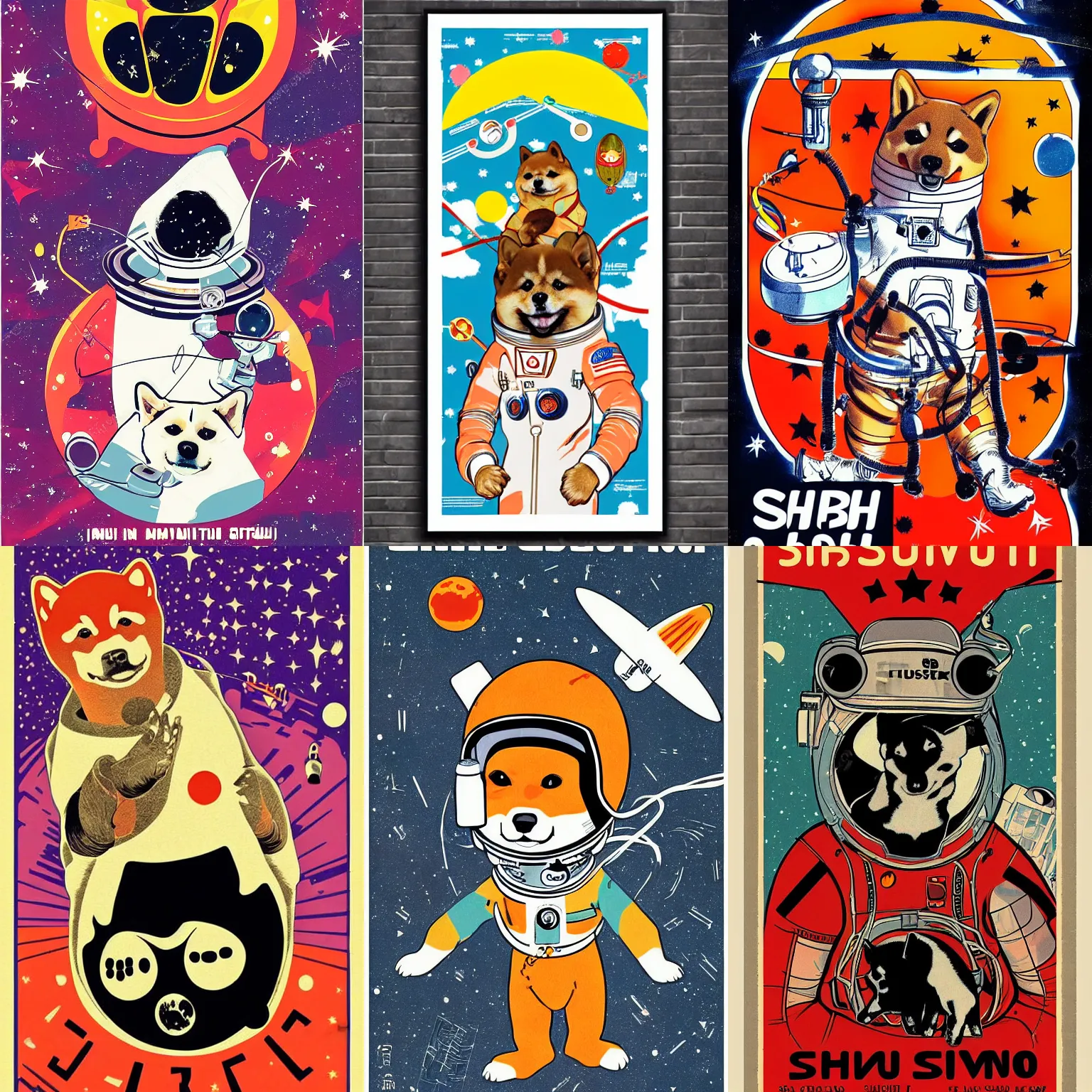 Prompt: Shiba Inu cosmonaut, sputnik , 60s poster, in the style of a music poster 1969