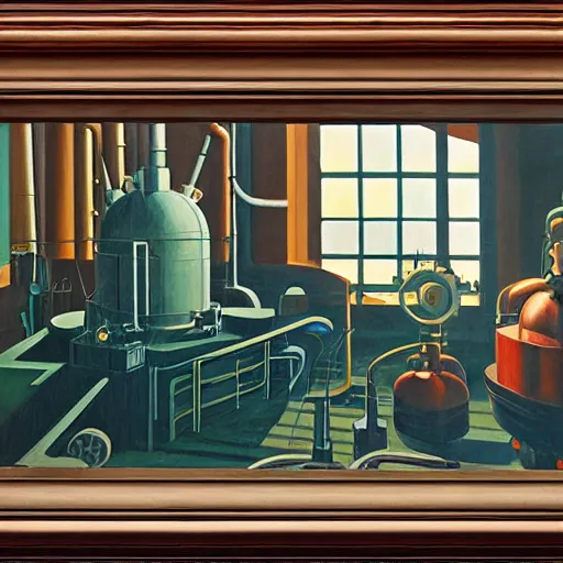 Image similar to engine room, turbines, plasma globes, robot repairmen, reactor core, grant wood, pj crook, edward hopper, oil on canvas